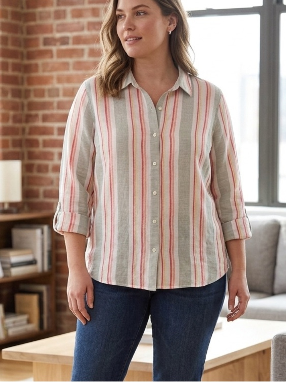Charter‎ Club Linen Blend Striped Button Down Shirt - Size L